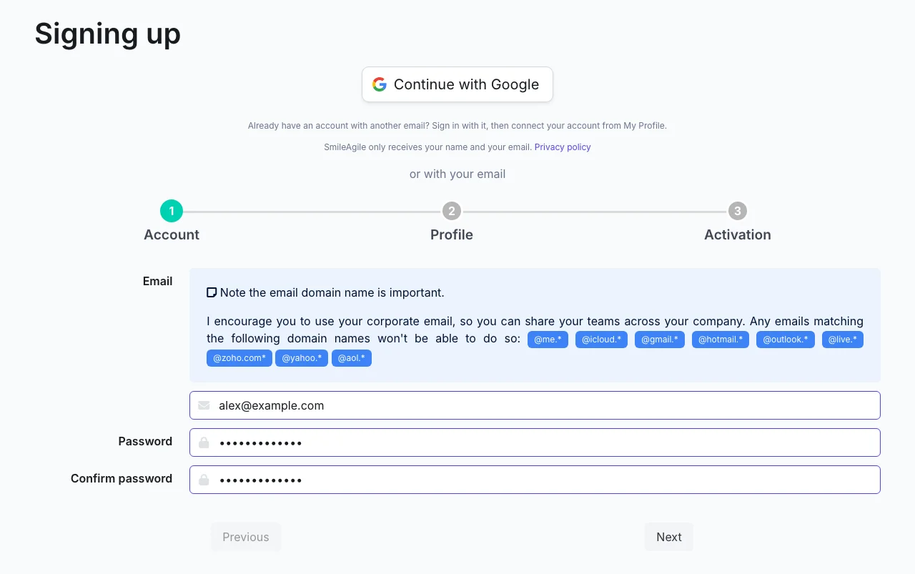 The sign-up page