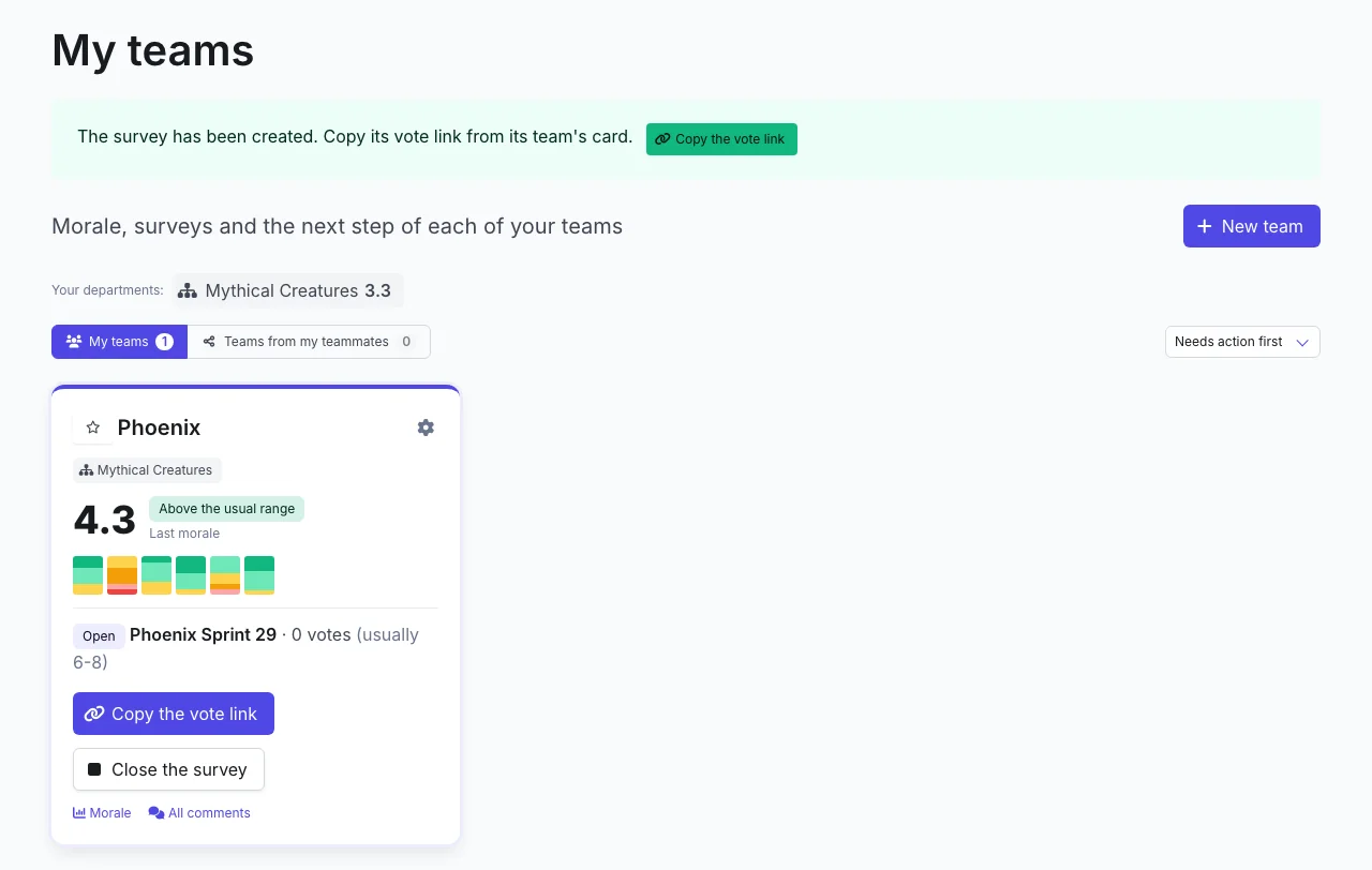 The team's card and its open survey